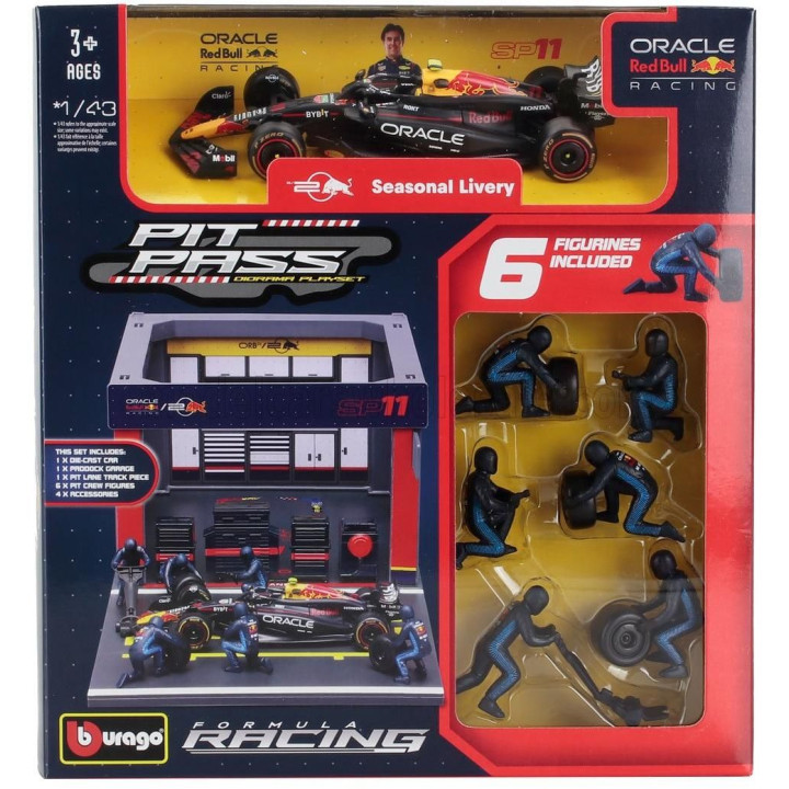 BURAGO RED BULL F1  RB19 DIORAMA GARAGE PIT-STOP TEAM ORACLE RED BULL RACING N 11 SEASON 2023 SERGIO PEREZ WITH CREW FIGURE AND 