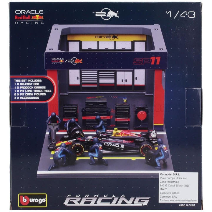 BURAGO RED BULL F1  RB19 DIORAMA GARAGE PIT-STOP TEAM ORACLE RED BULL RACING N 11 SEASON 2023 SERGIO PEREZ WITH CREW FIGURE AND 