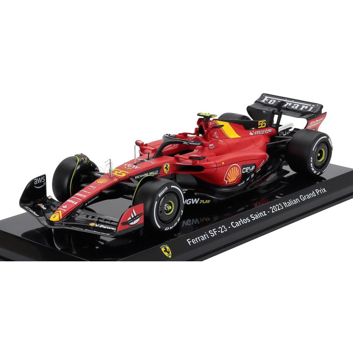 EDICOLA FERRARI F1  SF-23 TEAM SCUDERIA FERRARI N 55 MONZA ITALY GP 2023 CARLOS SAINZ - CON VETRINA - WITH SHOWCASE - RED BLACK 
