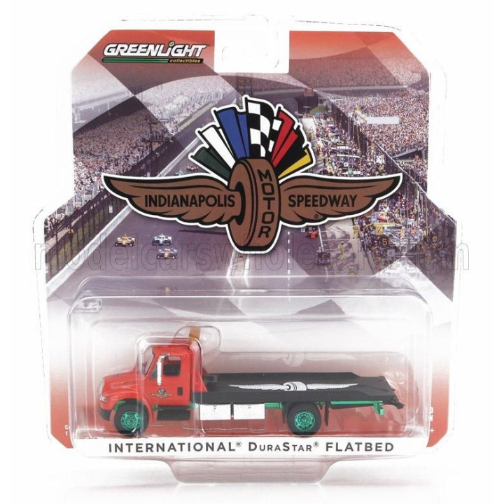 GREENLIGHT INTERNATIONAL DURASTAR 4400 CAR TRANSPORTER INDIANAPOLIS MOTOR SPEEDWAY 2008 - GREEN WHEELS - RED BLACK 1/64