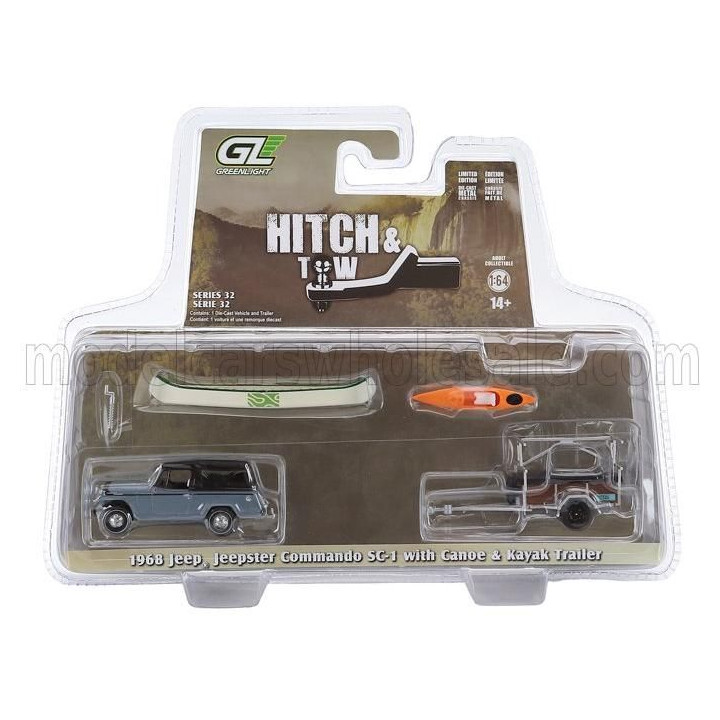 GREENLIGHT JEEP JEEPSTER COMMANDO SC-1 WITH CANOE + KAYAK TRAILER 1968 - GREY 1/64