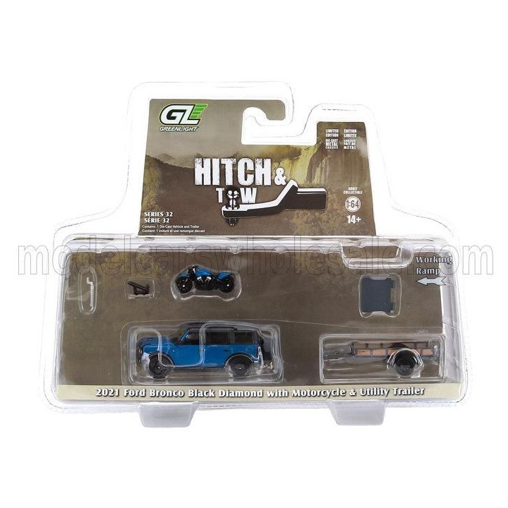 GREENLIGHT FORD USA BRONCO BLACK DIAMOND WITH TRAILER + MOTORCYCLE 2021 - BLUE BLACK 1/64
