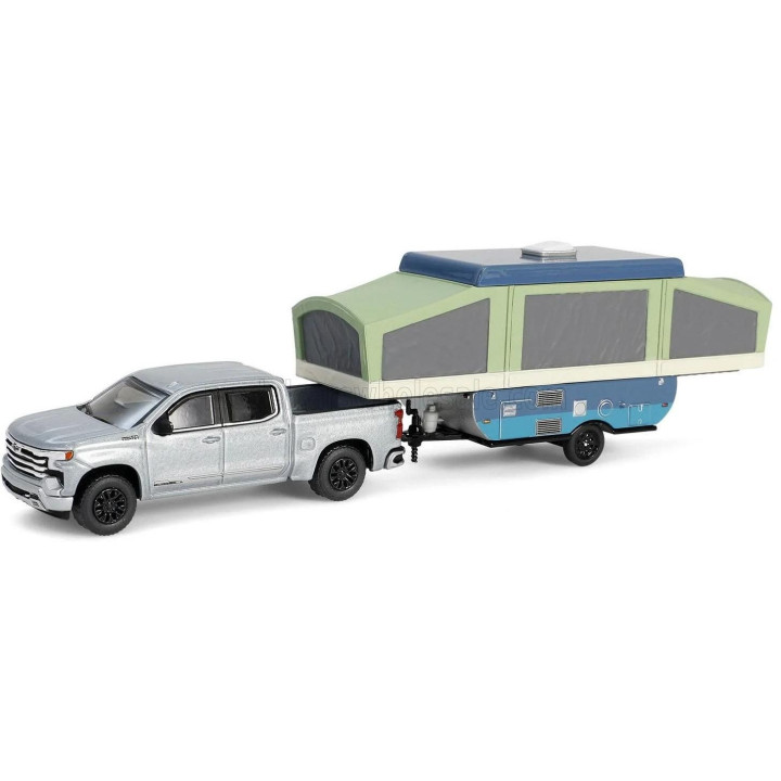 GREENLIGHT CHEVROLET SILVERADO PICK-UP WITH TRAILER + POP-UP CAMPER 2024 - VERY LIGHT GREEN MET 1/64