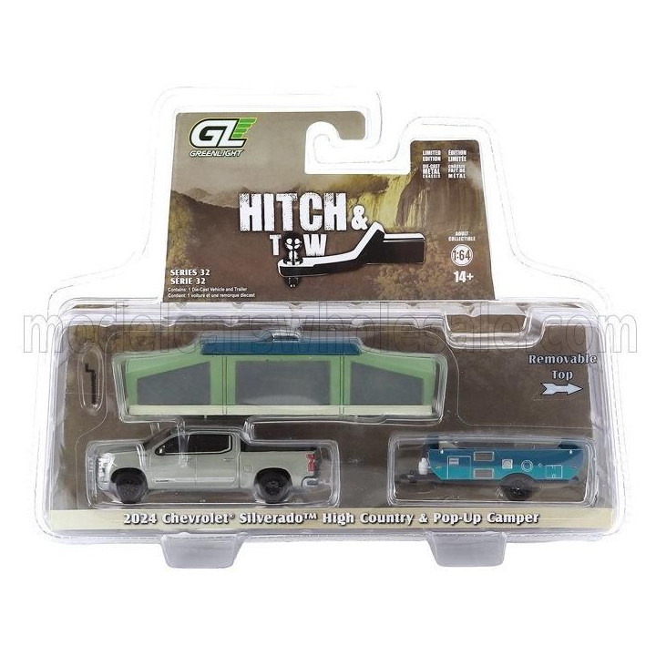 GREENLIGHT CHEVROLET SILVERADO PICK-UP WITH TRAILER + POP-UP CAMPER 2024 - VERY LIGHT GREEN MET 1/64