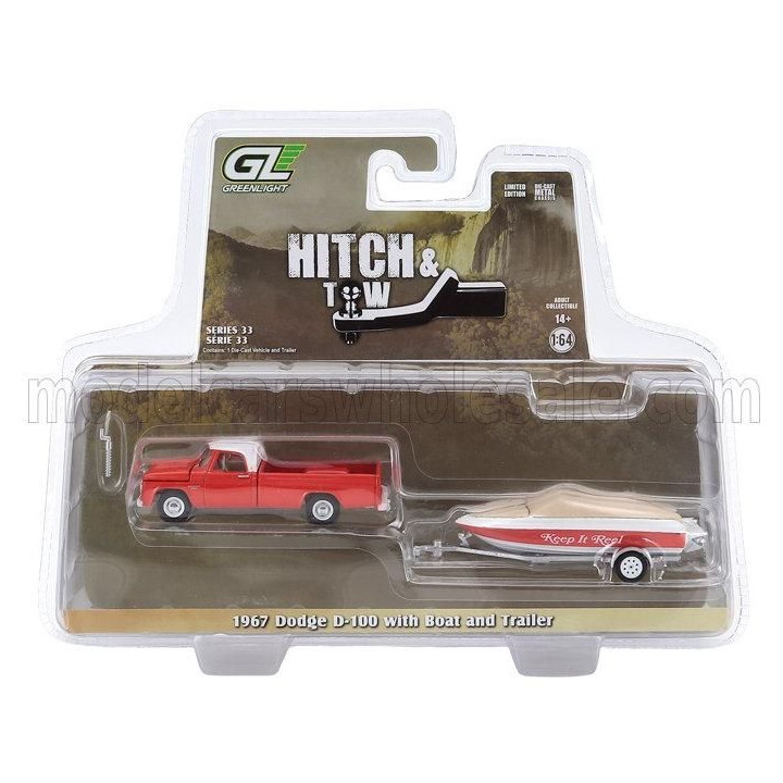 GREENLIGHT DODGE D-100 PICK-UP WITH BOAT AND TRAILER 1967 - ORANGE WHITE 1/64
