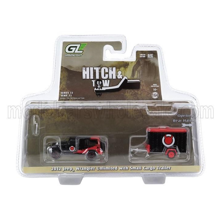 GREENLIGHT JEEP WRANGLER UNLIMITED WITH SMALL CARGO TRAILER 2012 - BLACK RED 1/64