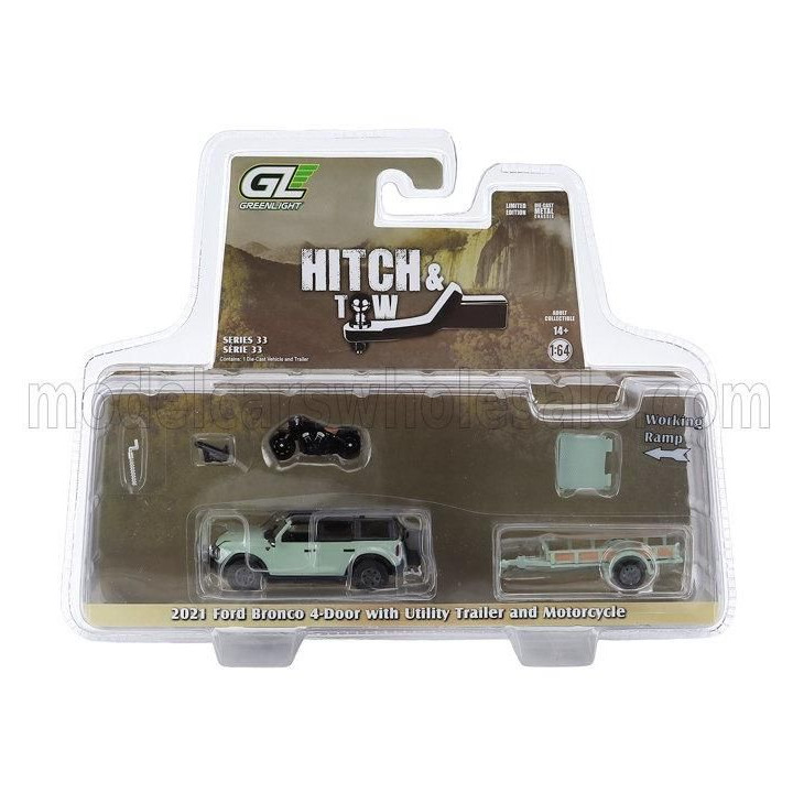 GREENLIGHT FORD USA BRONCO BLACK DIAMOND WITH TRAILER + MOTORCYCLE 2021 - LIGHT GREEN BLACK 1/64