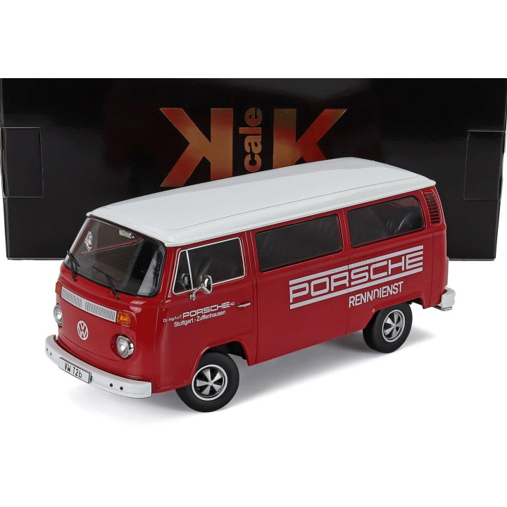 KK SCALE VOLKSWAGEN T2b MINIBUS PORSCHE RENNDIENST STUTTGART ZUFFENHAUSEN 1972 - WITH FUCHS RIMS - RED WHITE 1/18