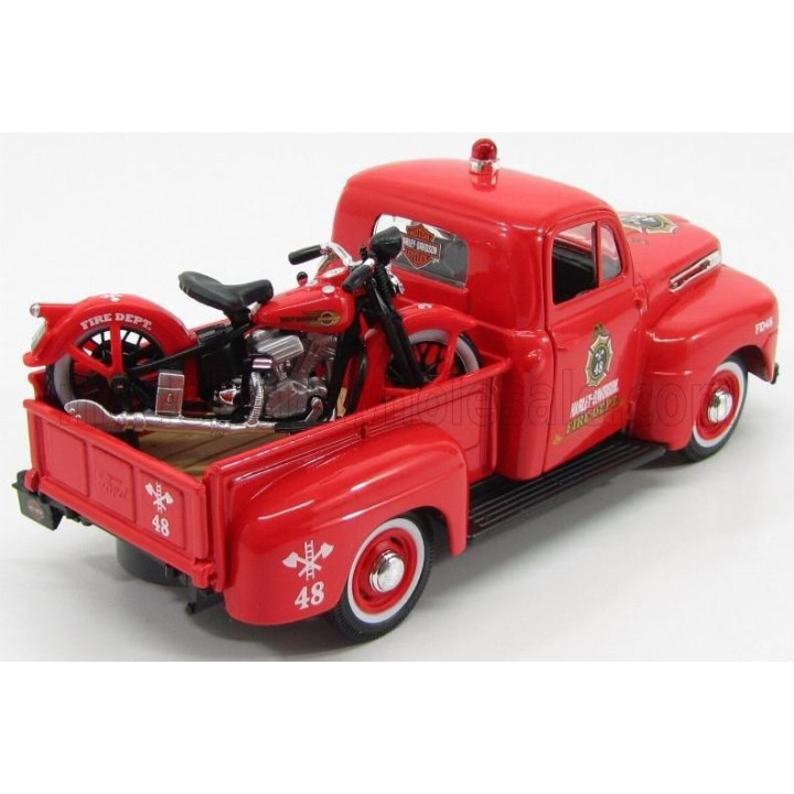 MAISTO FORD USA F-1 PICK-UP CUSTOM HARLEY-DAVIDSON 1948 + MOTORCYCLE HARLEY DAVIDSON EL KNUCKLEHEAD 1936 FIRE DEPARTMEN - RED 1/