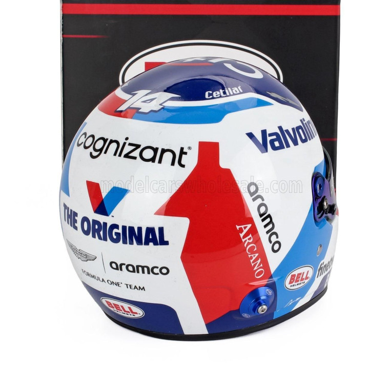 MINI HELMET BELL HELMET CASCO HELMET F1 FERNANDO ALONSO TEAM ASTON MARTIN ARAMCO COGNIZANT N 14 MONACO GP 2024 - WHITE BLUE RED 