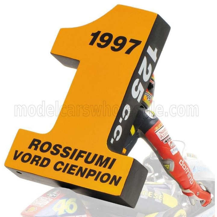 MINICHAMPS FIGURES VALENTINO ROSSI 125 GP BRNO 1997 1st WORLD CHAMPION (VORD CIENPION) - BLUE YELLOW 1/12