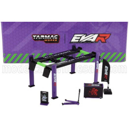 TARMAC ACCESSORIES EVA RACING GARAGE SET OFFICINA - PONTE SOLLEVATORE AUTO - FOUR POST LIFT - PURPLE BLACK GREEN 1/64