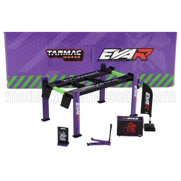 TARMAC ACCESSORIES EVA RACING GARAGE SET OFFICINA - PONTE SOLLEVATORE AUTO - FOUR POST LIFT - PURPLE BLACK GREEN 1/64