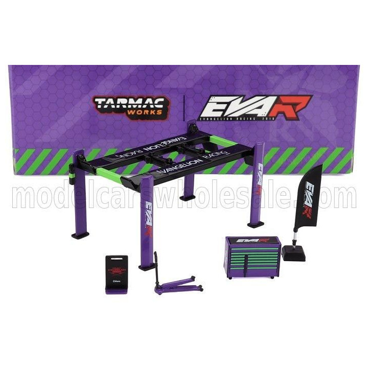 TARMAC ACCESSORIES EVA RACING GARAGE SET OFFICINA - PONTE SOLLEVATORE AUTO - FOUR POST LIFT - PURPLE BLACK GREEN 1/64