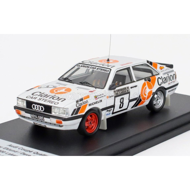 TROFEU AUDI QUATTRO COUPE N 8 RALLY 1000 LAKES 1987 PER EKLUND - DAVE WHITTOCK - WHITE BLUE ORANGE 1/43