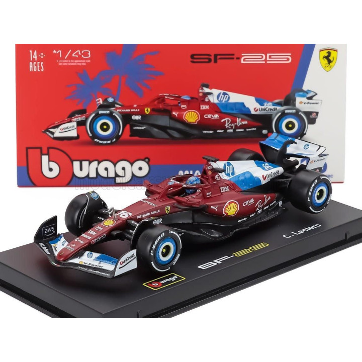 BURAGO FERRARI WITH PILOT AND SHOWCASE - F1  SF-25 TEAM SCUDERIA FERRARI HP N 16 MIAMI GP 2025 CHARLES LECLERC - RED WHITE BLUE 