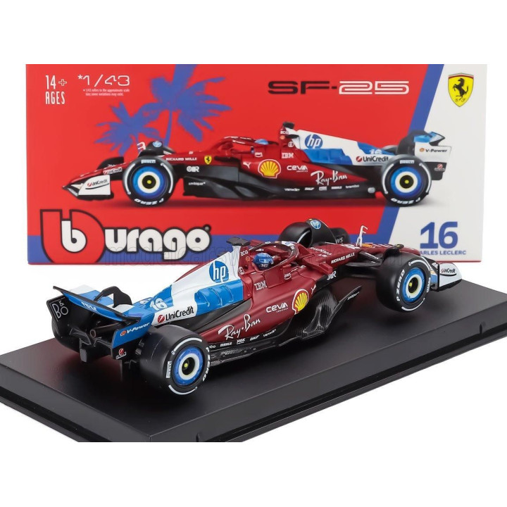 BURAGO FERRARI WITH PILOT AND SHOWCASE - F1  SF-25 TEAM SCUDERIA FERRARI HP N 16 MIAMI GP 2025 CHARLES LECLERC - RED WHITE BLUE 