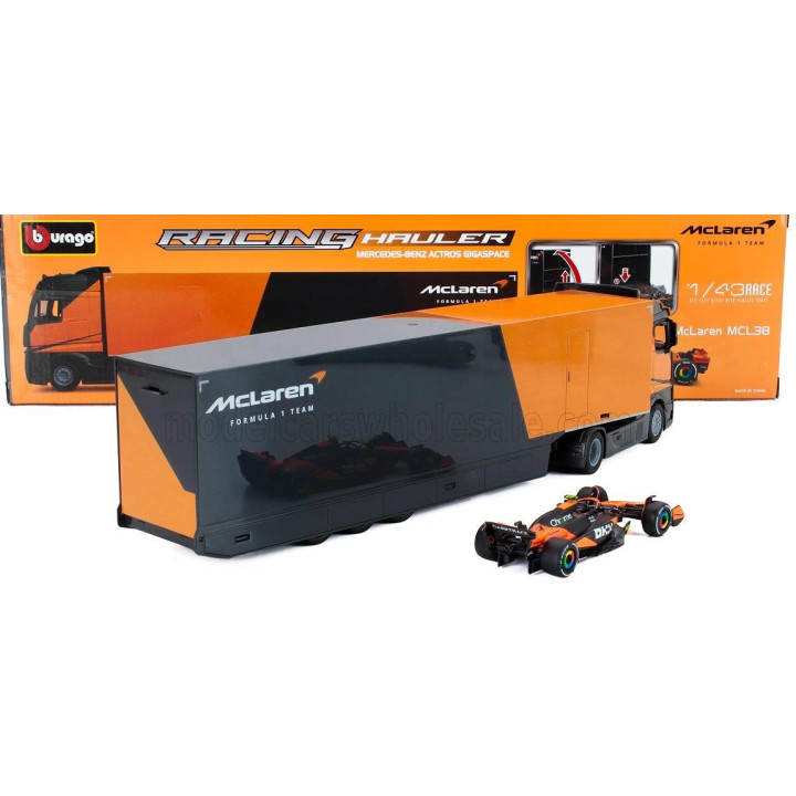 BURAGO MERCEDES BENZ ACTROS 2 GIGASPACE TRUCK CAR TRANSPORTER WITH F1 McLAREN MCL38 TEAM MCLAREN N 4 SEASON 2024 LANDO NORRIS - 