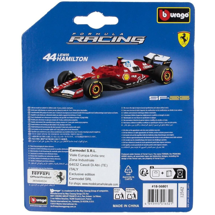 BURAGO FERRARI F1  SF-25 TEAM SCUDERIA FERRARI HP N 44 SEASON 2025 LEWIS HAMILTON - RED WHITE 1/64