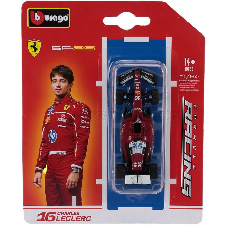 BURAGO FERRARI F1  SF-25 TEAM SCUDERIA FERRARI HP N 16 SEASON 2025 CHARLES LECLERC - RED WHITE 1/64
