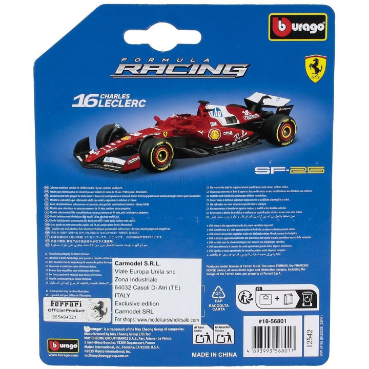 BURAGO FERRARI F1  SF-25 TEAM SCUDERIA FERRARI HP N 16 SEASON 2025 CHARLES LECLERC - RED WHITE 1/64