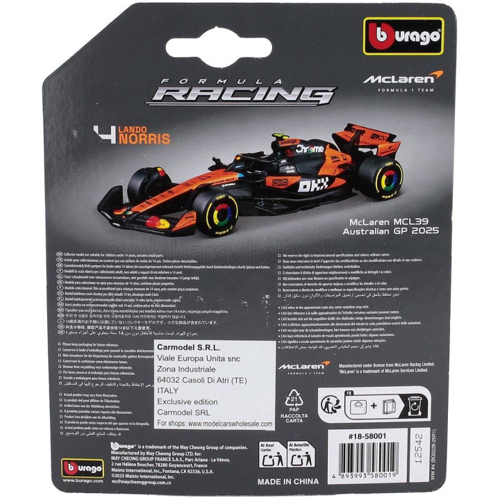BURAGO McLAREN F1  MCL39 TEAM MCLAREN N 4 WORLD CHAMPION SEASON 2025 LANDO NORRIS - ORANGE BLACK 1/64