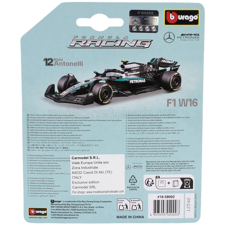 BURAGO MERCEDES GP F1  W16 TEAM AMG PETRONAS MOTORSPORT N 12 SEASON 2025 ANDREA KIMI ANTONELLI - BLACK SILVER GREEN 1/64