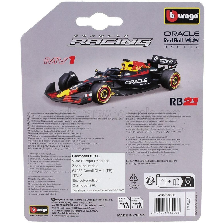 BURAGO RED BULL F1  RB21 TEAM ORACLE RED BULL RACING N 1 SEASON 2025 MAX VERSTAPPEN - BLUE YELLOW RED 1/64