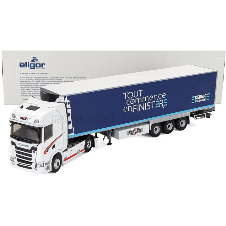 ELIGOR SCANIA R450 TRUCK SEMI-FRIGO TOUT COMMENCE EN FINISTERE 2016 - WHITE BLUE 1/43