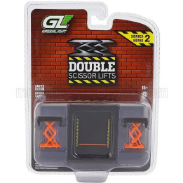 GREENLIGHT ACCESSORIES GARAGE SET OFFICINA - PONTE SOLLEVATORE AUTO - AUTOMOTIVE DOUBLE SCISSOR LIFT - ORANGE BLACK 1/64