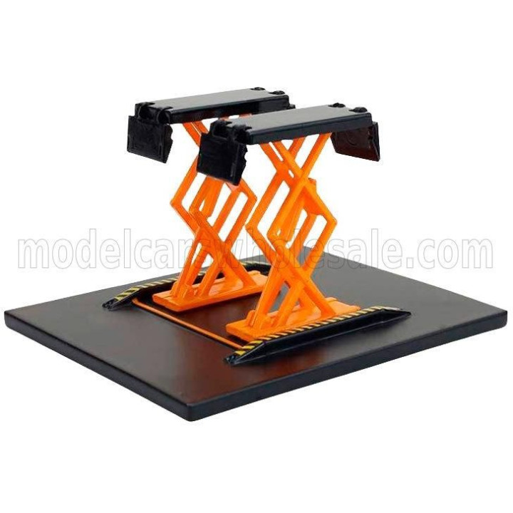GREENLIGHT ACCESSORIES GARAGE SET OFFICINA - PONTE SOLLEVATORE AUTO - AUTOMOTIVE DOUBLE SCISSOR LIFT - ORANGE BLACK 1/64