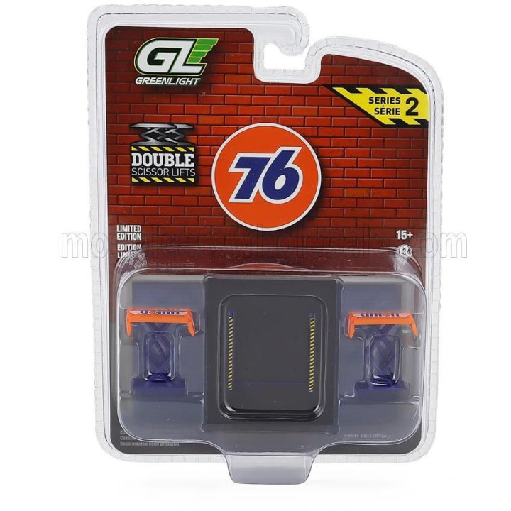 GREENLIGHT ACCESSORIES UNION 76 GARAGE SET OFFICINA - PONTE SOLLEVATORE AUTO - AUTOMOTIVE DOUBLE SCISSOR LIFT - BLUE ORANGE 1/64