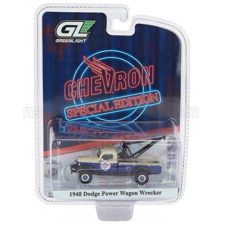 GREENLIGHT DODGE TRUCK POWER WAGON CHEVRON GASOLINE 1948 - CARRO ATTREZZI - WRECKER ROAD SERVICE - BLUE BEIGE 1/64
