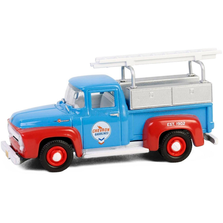 GREENLIGHT FORD USA F-100 PICK-UP CHEVRON GASOLINE 1956 - BLUE RED 1/64