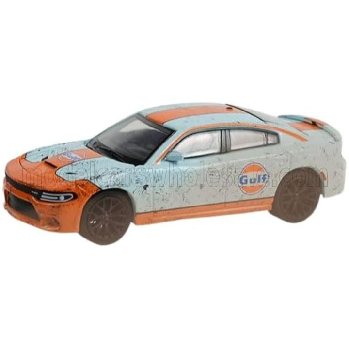 GREENLIGHT DODGE CHARGER SRT HELLCAT GULF COUPE DIRTY VERSION 2018 - LIGHT BLUE ORANGE 1/64