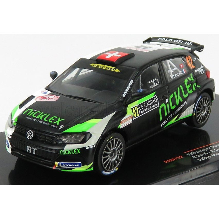 IXO MODELS VOLKSWAGEN POLO GTi R5 TEAM N 42 RALLY MONTECARLO 2020 O.BURRI - A.LEVRATTI - MATT BLACK GREEN WHITE 1/43