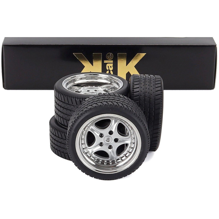 KK SCALE ACCESSORIES SET 4X WHEELS AND SPEEDLINE RIMS FOR PORSCHE 911 993 GT2 COUPE 1996 - BLACK CHROME 1/12