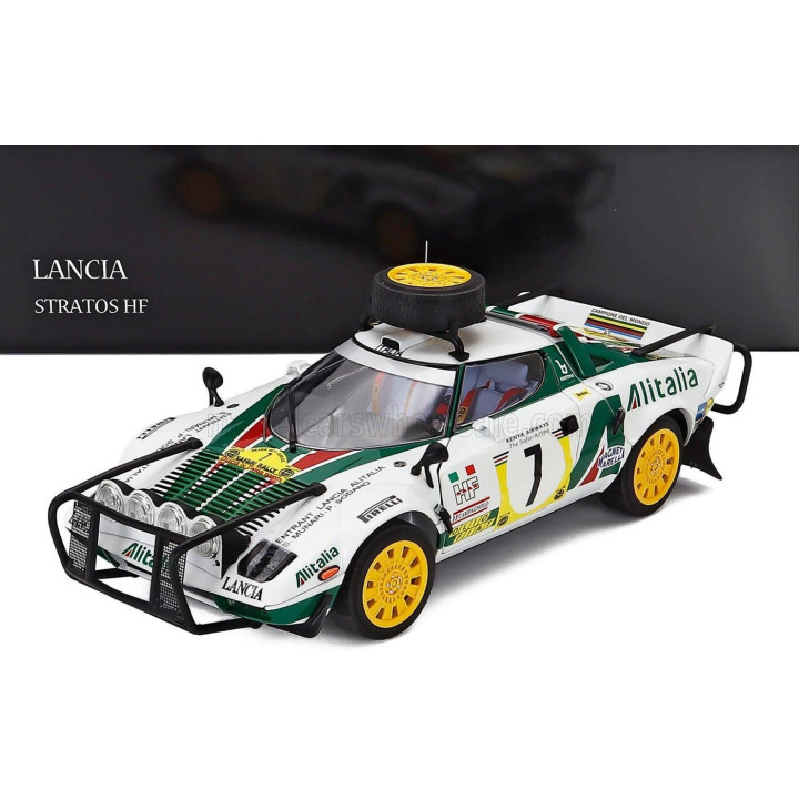 KYOSHO LANCIA STRATOS HF ALITALIA (night version) N 7 3rd RALLY SAFARI 1977 SANDRO MUNARI - PIERO SODANO - WHITE GREEN RED 1/18