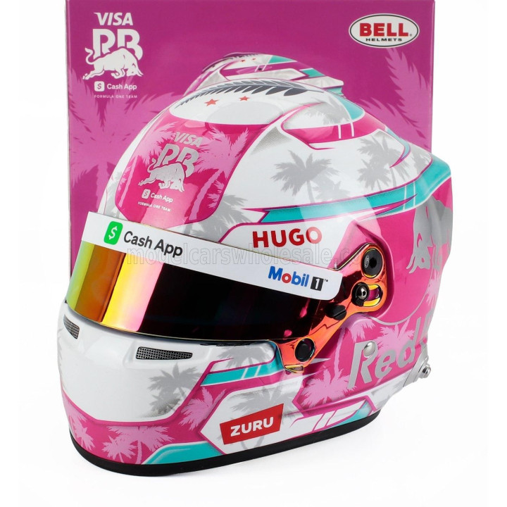 MINI HELMET BELL HELMET CASCO HELMET F1 LIAM LAWSON TEAM VISA CASH APP RACING BULLS N 30 MIAMI GP 2025 - PINK WHITE LIGHT BLUE 1