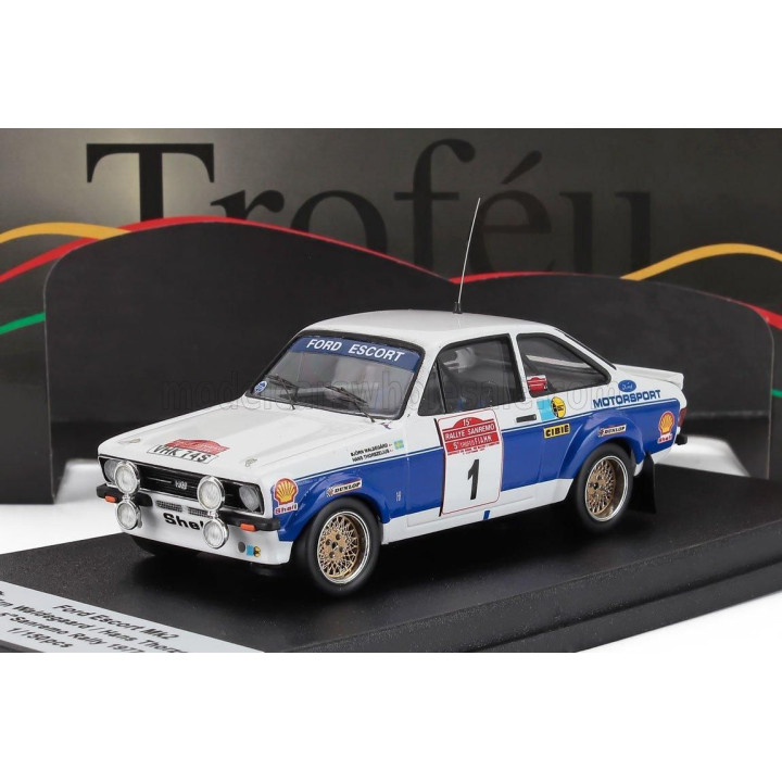 TROFEU FORD ENGLAND ESCORT MKII (night version) N 1 RALLY SANREMO 1977 BJORN WALDEGAARD - HANS THORZELIUS - WHITE BLUE 1/43