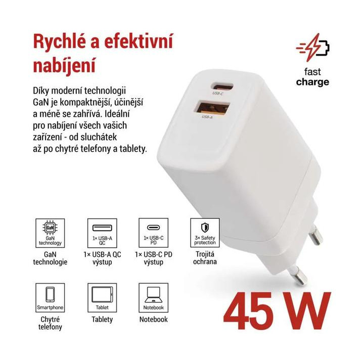 Síťový USB adaptér (zdroj) GaN PD 45W