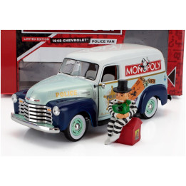 AUTOWORLD CHEVROLET PANEL DELIVERY POLICE WITH Mr. MONOPOLY FIGURE 1948 - 2 TONE BLUE WHITE 1/18