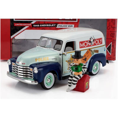 AUTOWORLD CHEVROLET PANEL DELIVERY POLICE WITH Mr. MONOPOLY FIGURE 1948 - 2 TONE BLUE WHITE 1/18