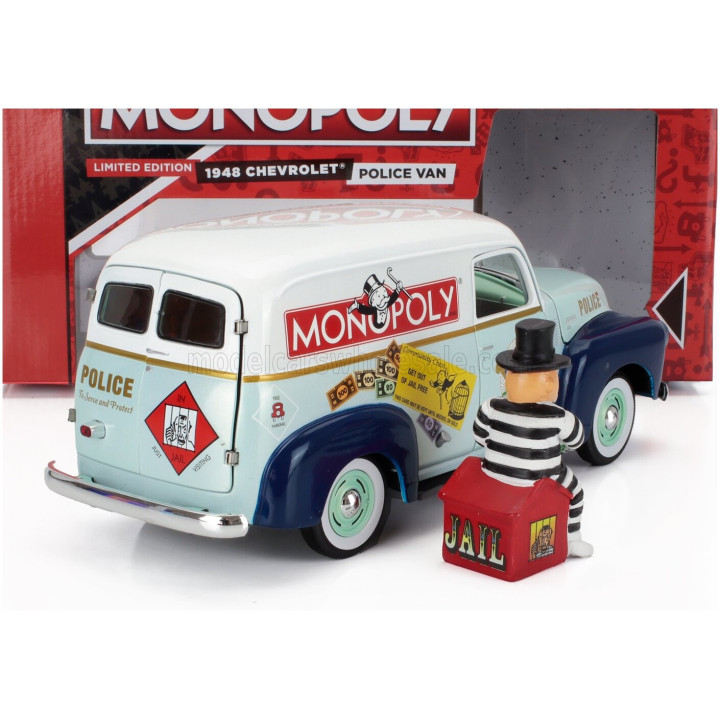 AUTOWORLD CHEVROLET PANEL DELIVERY POLICE WITH Mr. MONOPOLY FIGURE 1948 - 2 TONE BLUE WHITE 1/18