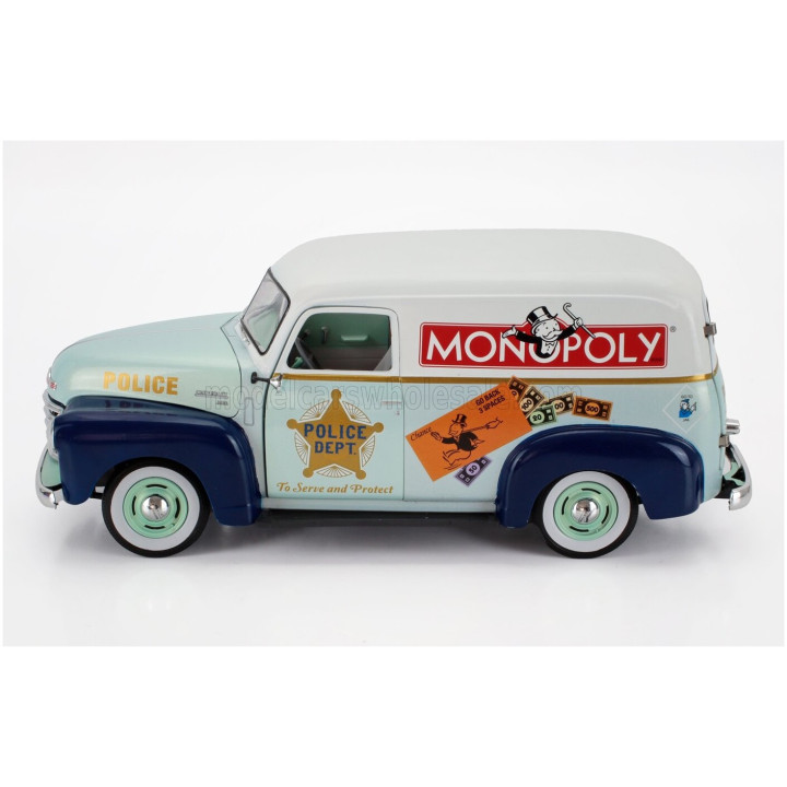AUTOWORLD CHEVROLET PANEL DELIVERY POLICE WITH Mr. MONOPOLY FIGURE 1948 - 2 TONE BLUE WHITE 1/18