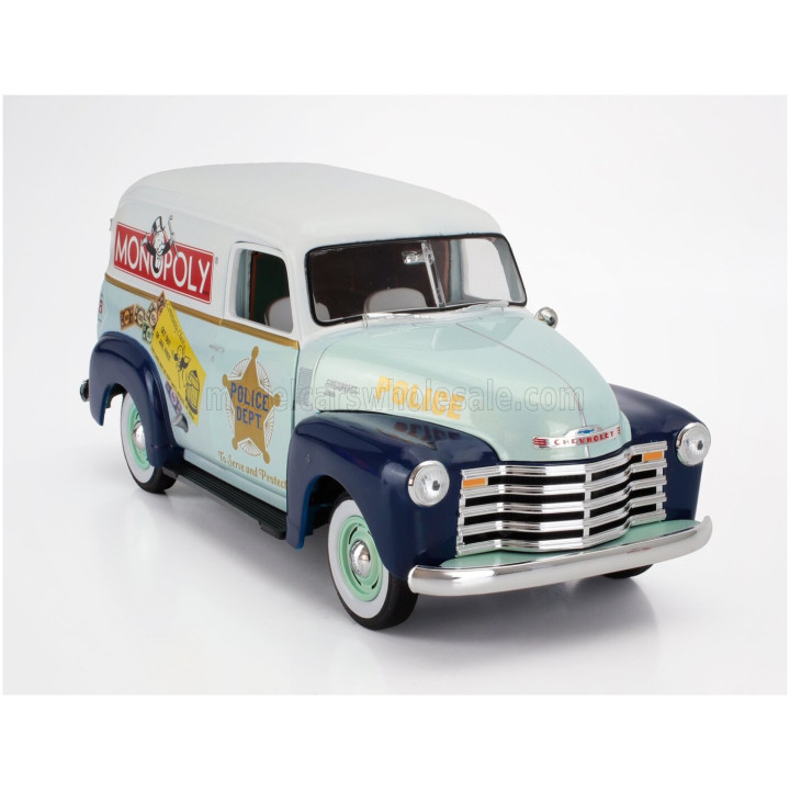 AUTOWORLD CHEVROLET PANEL DELIVERY POLICE WITH Mr. MONOPOLY FIGURE 1948 - 2 TONE BLUE WHITE 1/18