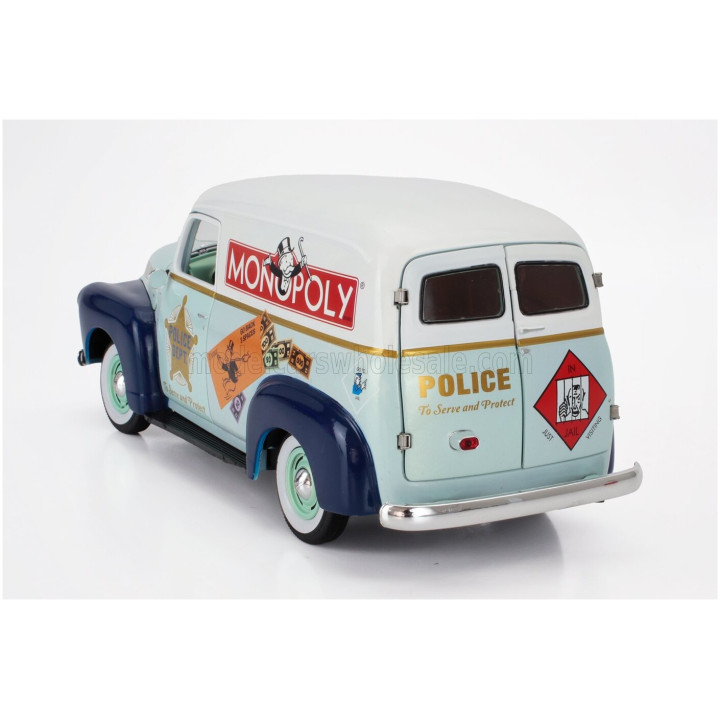 AUTOWORLD CHEVROLET PANEL DELIVERY POLICE WITH Mr. MONOPOLY FIGURE 1948 - 2 TONE BLUE WHITE 1/18