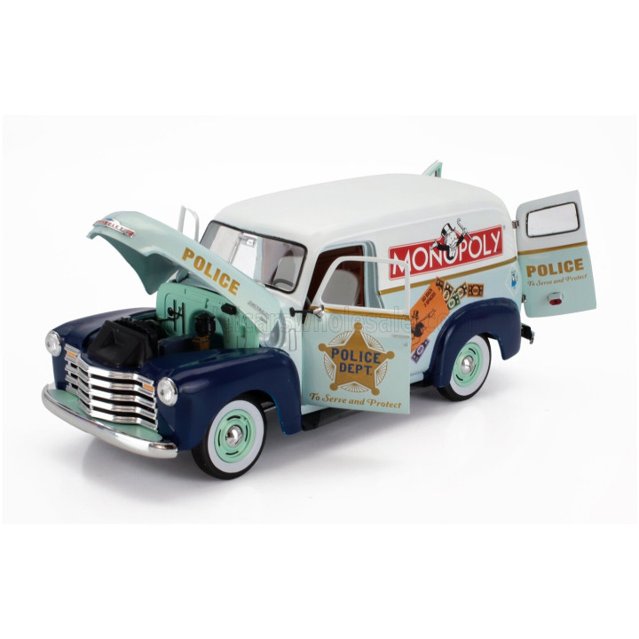 AUTOWORLD CHEVROLET PANEL DELIVERY POLICE WITH Mr. MONOPOLY FIGURE 1948 - 2 TONE BLUE WHITE 1/18