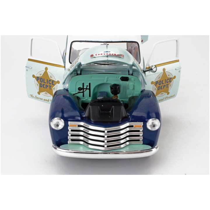 AUTOWORLD CHEVROLET PANEL DELIVERY POLICE WITH Mr. MONOPOLY FIGURE 1948 - 2 TONE BLUE WHITE 1/18