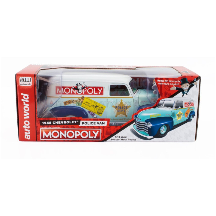 AUTOWORLD CHEVROLET PANEL DELIVERY POLICE WITH Mr. MONOPOLY FIGURE 1948 - 2 TONE BLUE WHITE 1/18